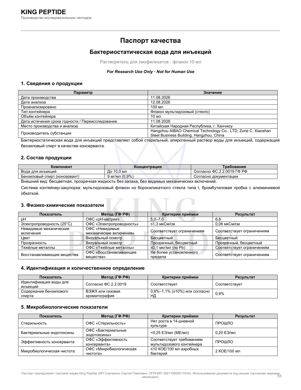 Паспорт качества (COA) Бактериостатическая вода, страница 1
