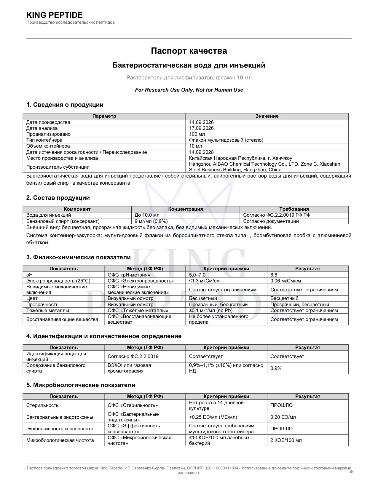 Паспорт качества (COA) Бактериостатическая вода, страница 1