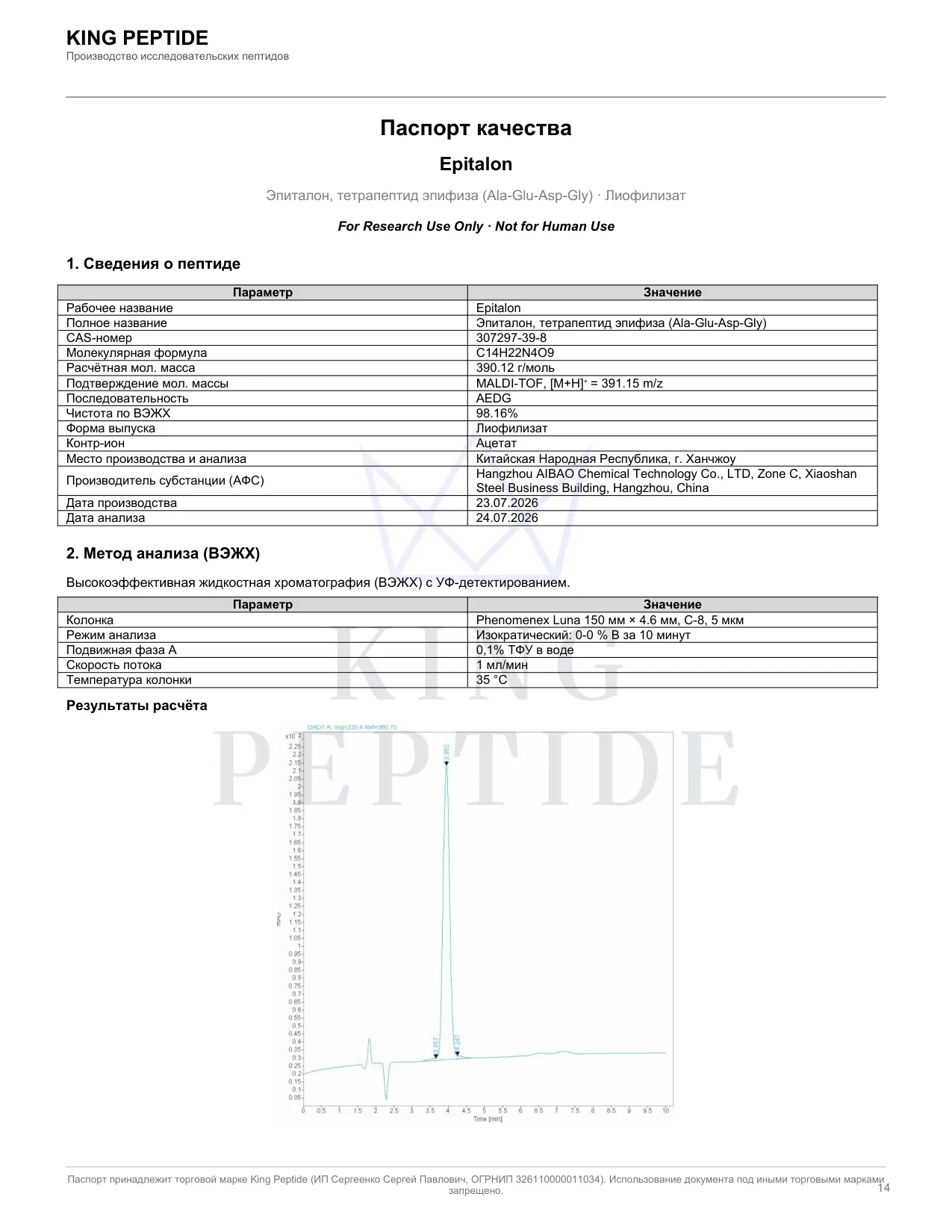 Паспорт качества (COA) Epitalon, страница 1
