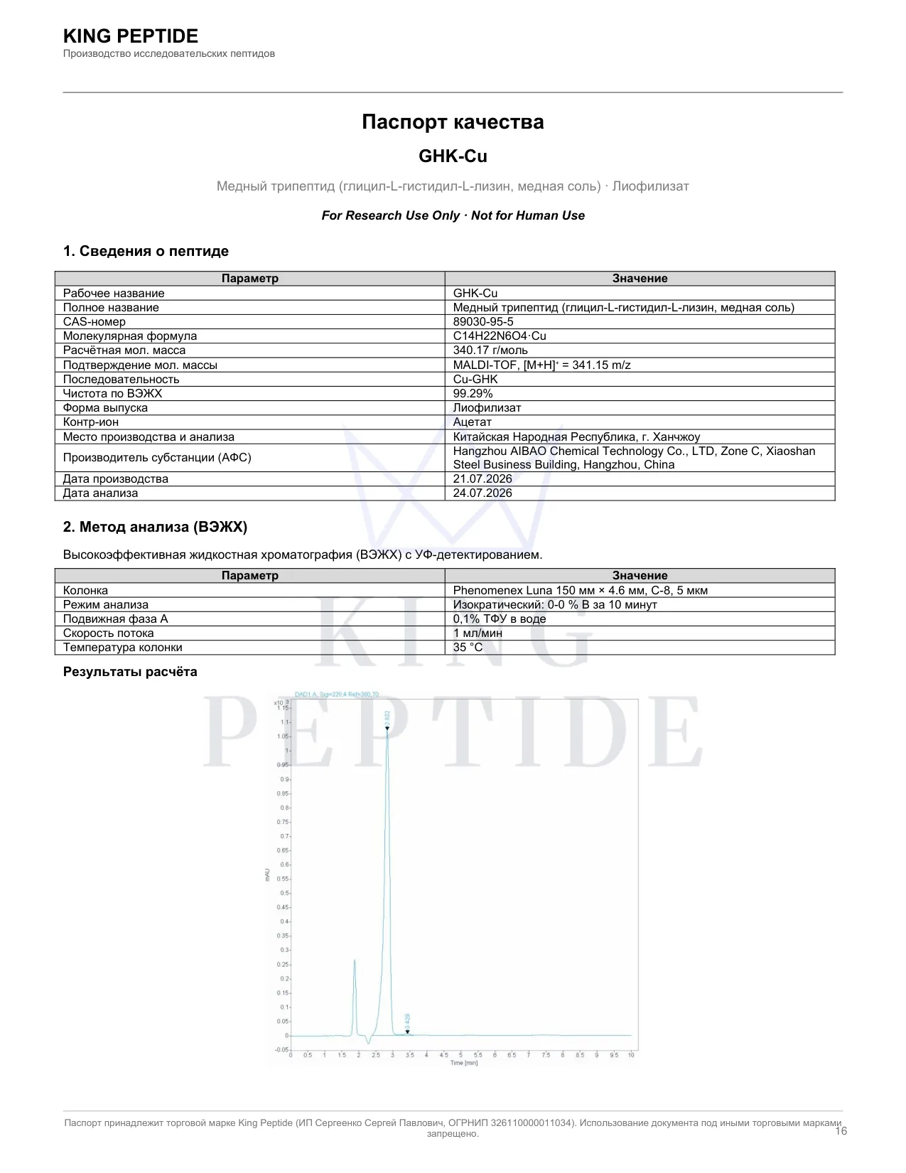 Паспорт качества (COA) GHK-Cu, страница 1
