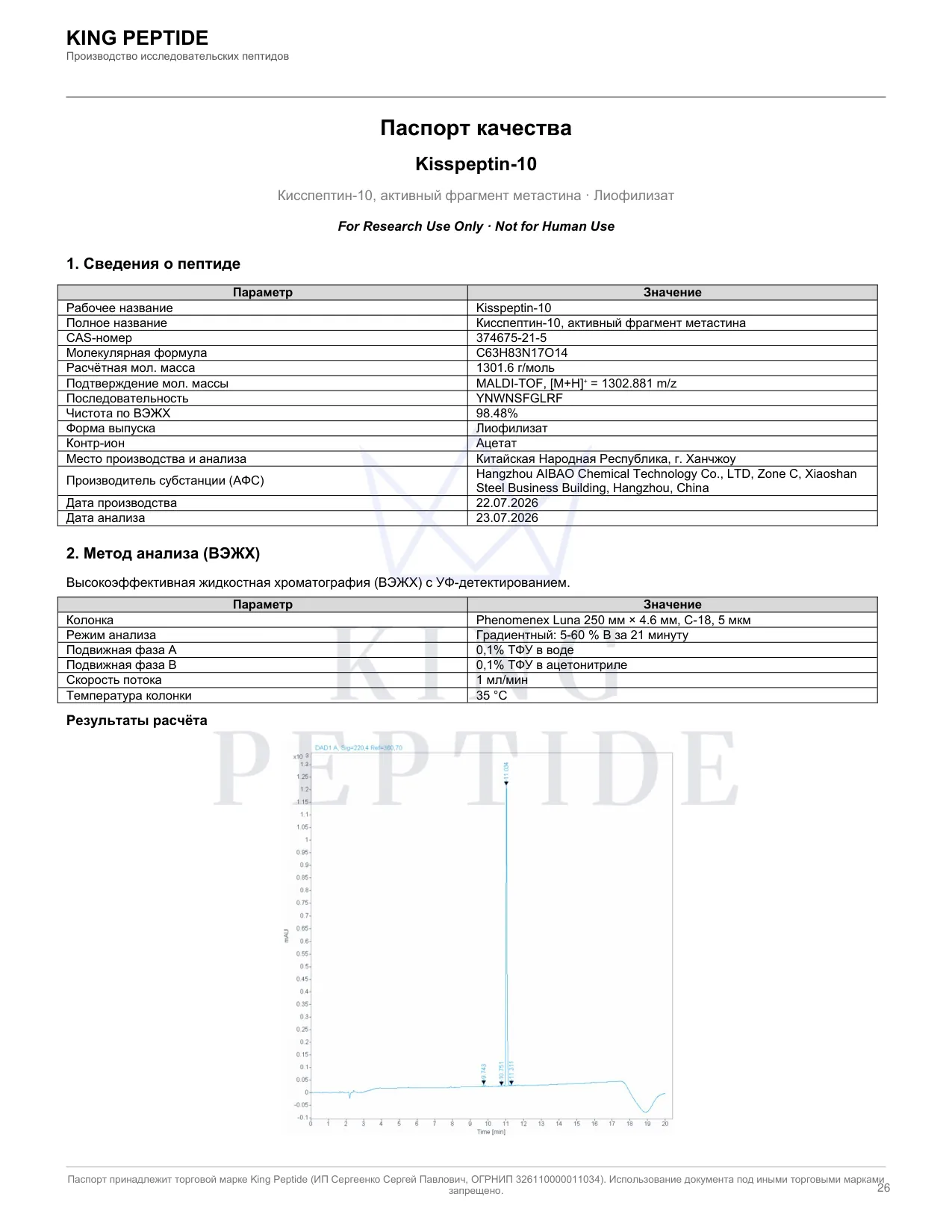 Паспорт качества (COA) Kisspeptin-10, страница 1