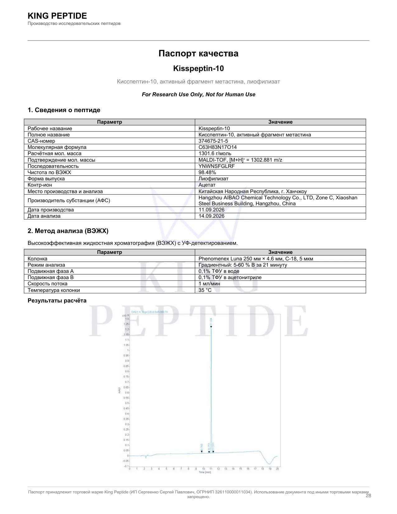 Паспорт качества (COA) Kisspeptin-10, страница 1