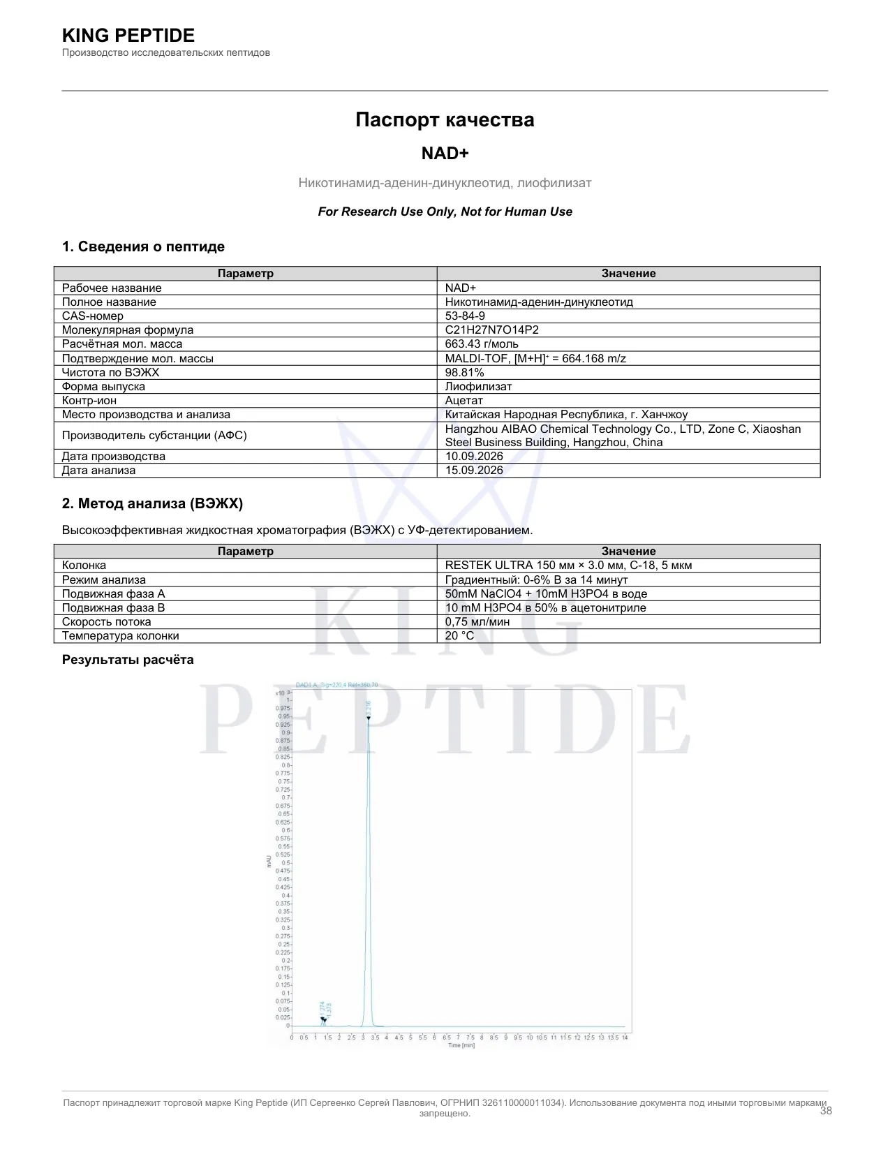 Паспорт качества (COA) NAD+, страница 1