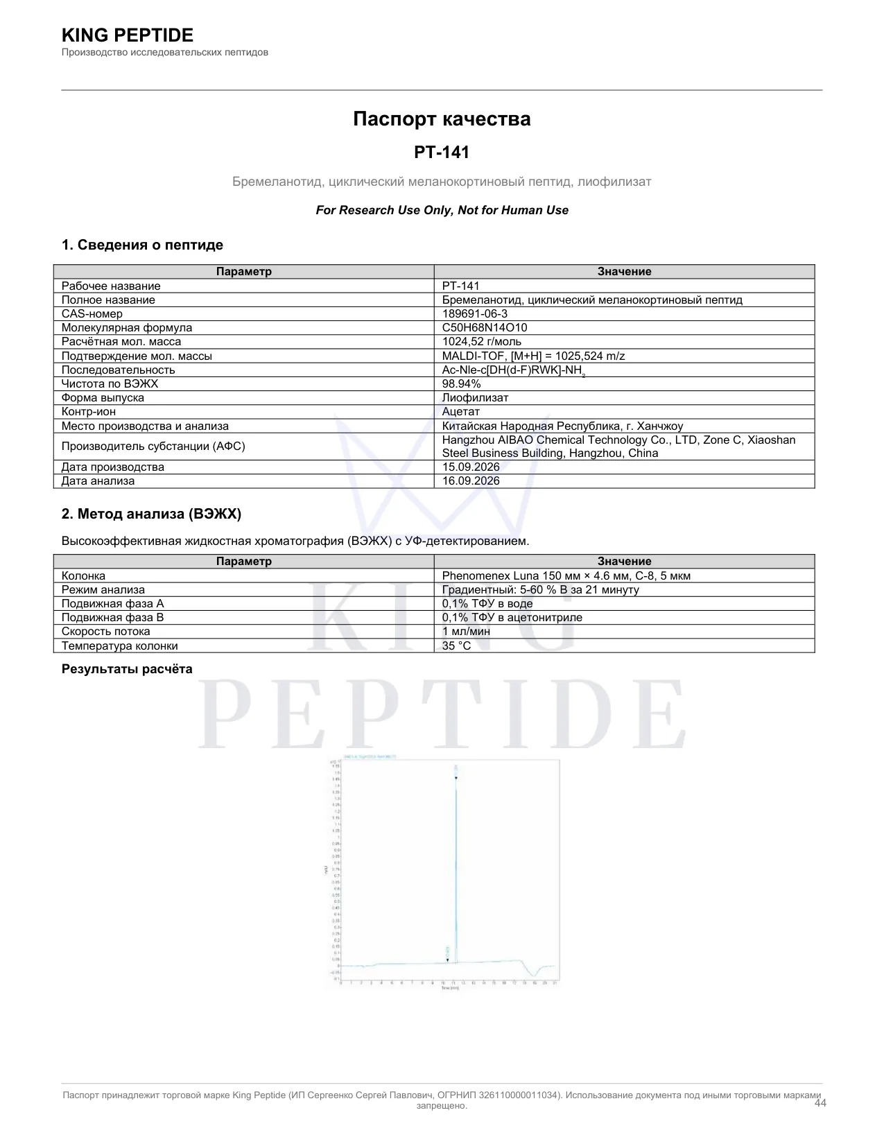 Паспорт качества (COA) PT-141, страница 1